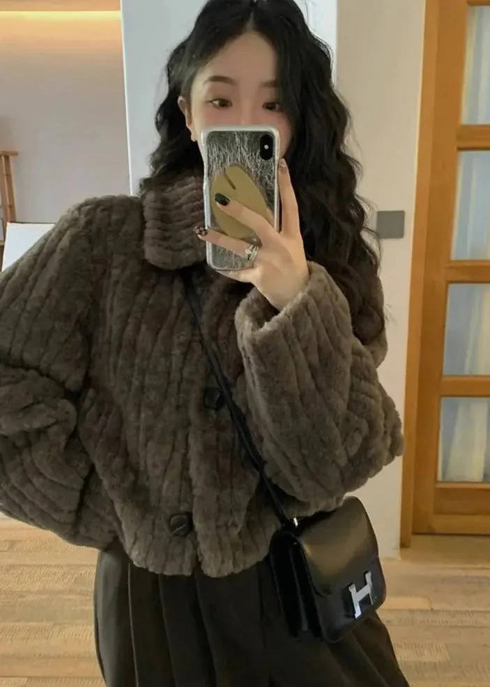 Cropped Faux Buttoned Fur Coat