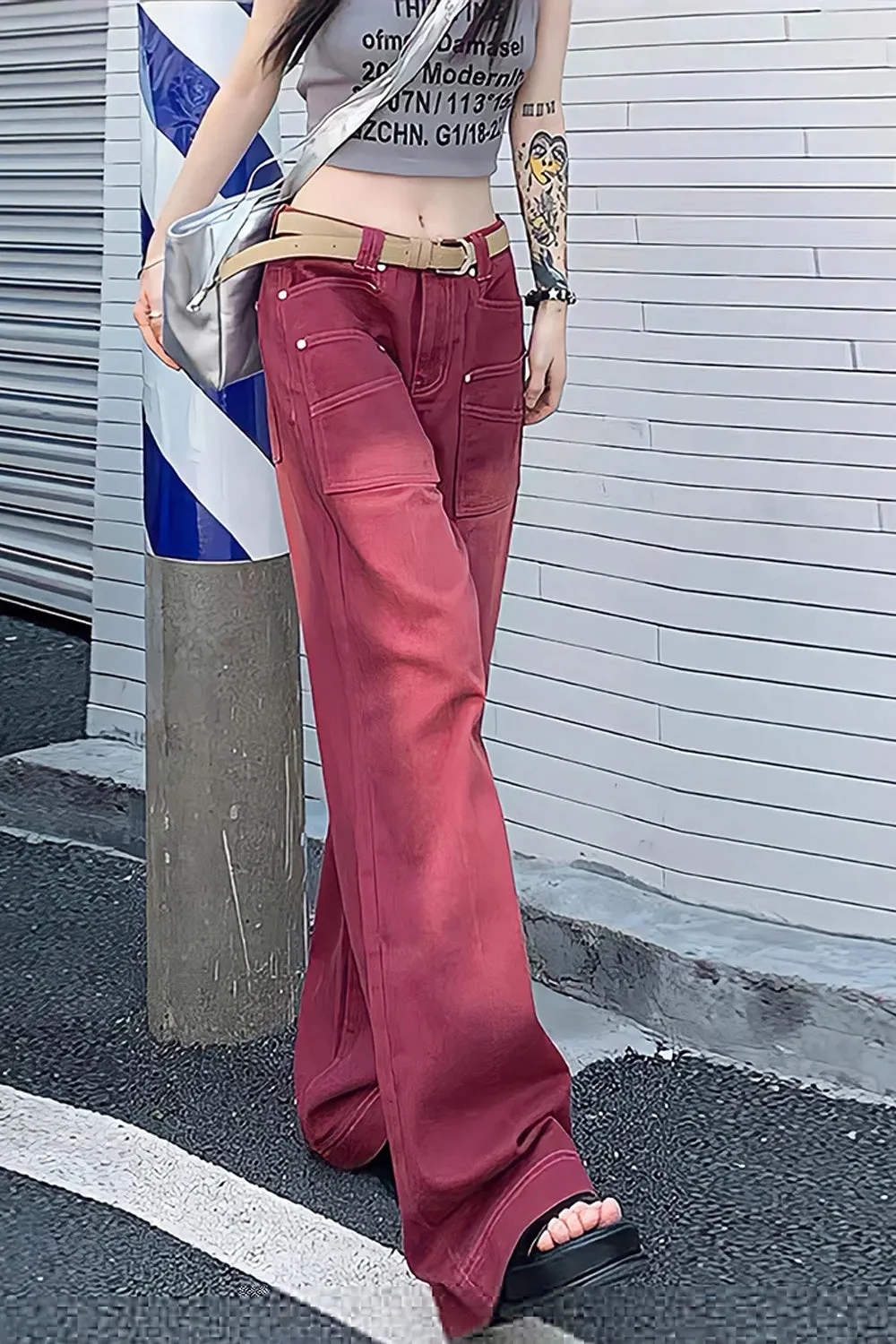 Flytonn-cute winter outfits casual winter outfits christmas outfit party look inspos High Waist Retro Washed Red Jeans Pants