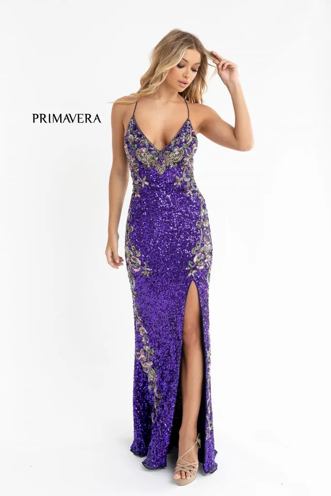 Primavera Couture 3211 Size 14 Peacock Sequin Prom Dress Pageant Gown Evening Formal Wear Side Slit